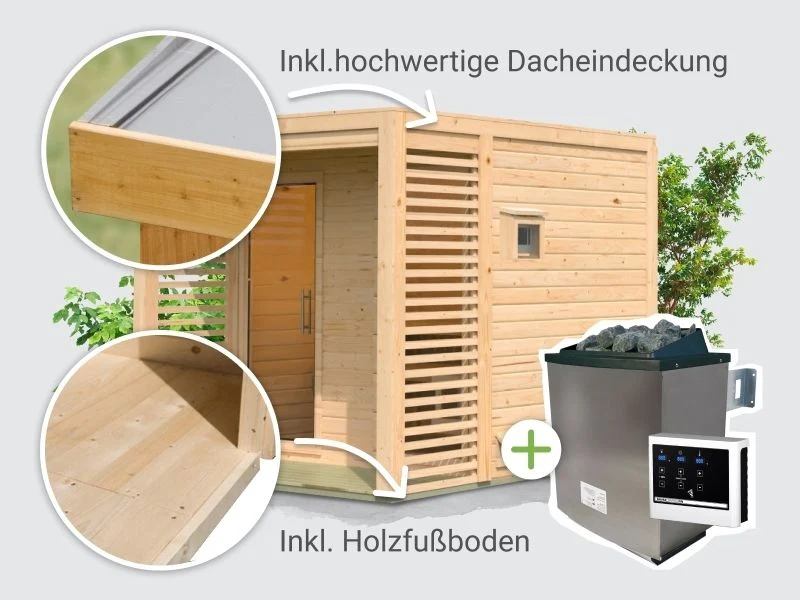 Norlinio Saunahaus Patio 2, 38 mm naturbelassen -inkl. 9 kW Ofen ext. Steuerung-, inkl. Dach - Image 6