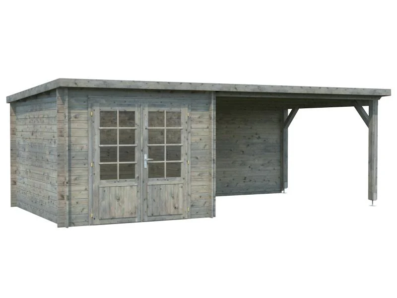 Palmako Blockbohlenhaus Ella 6,9 + 10,0 mit Anbaudach und Rückwand 28 mm graue Tauchgrundierung - Image 2