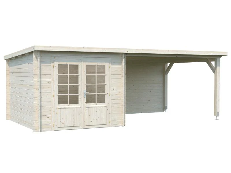 Palmako Blockbohlenhaus Ella 6,9 + 10,0 mit Anbaudach und Rückwand 28 mm natur - Image 2
