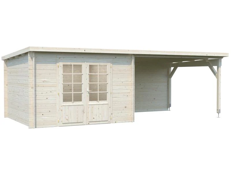 Palmako Blockbohlenhaus Ella 8,7 + 10,0 mit Anbaudach und Rückwand 28 mm natur - Image 2