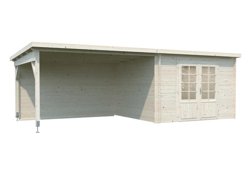Palmako Blockbohlenhaus Ella 8,7 + 10,0 mit Anbaudach und Rückwand 28 mm natur - Image 4