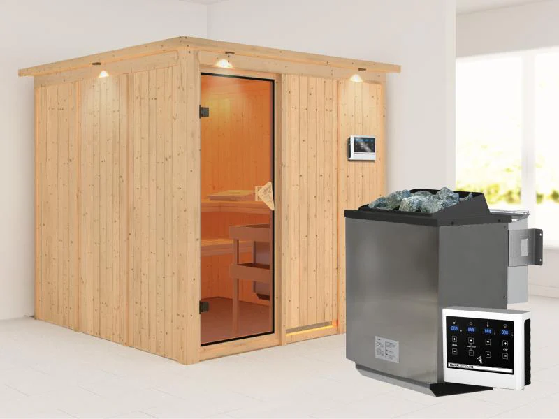 Rodin - Karibu Sauna inkl. 9-kW-Bioofen - mit Dachkranz -