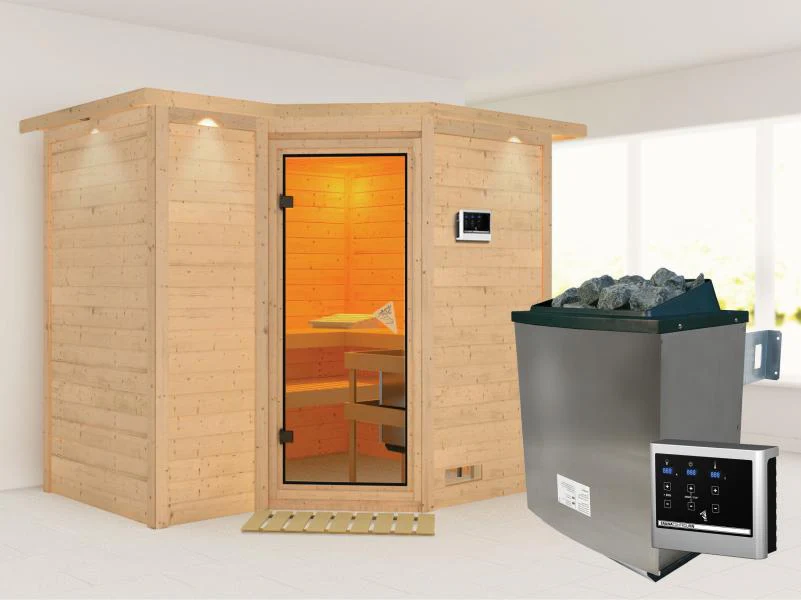 Sahib 2 - Karibu Sauna inkl. 9-kW-Ofen - mit Dachkranz -