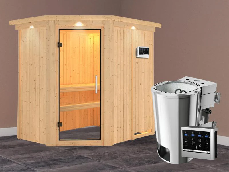 Saja - Karibu Sauna Plug & Play 3,6 kW Bio Ofen, ext. Steuerung - mit Dachkranz - Klarglas Ganzglast - Image 2