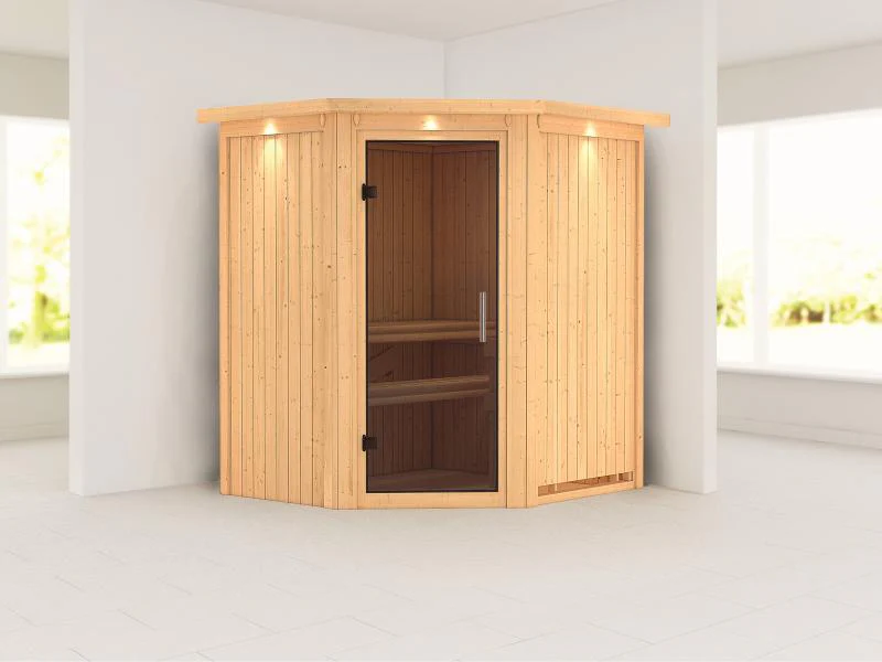 Taurin - Karibu Sauna ohne Ofen - mit Dachkranz -Moderne Saunatür - Image 4