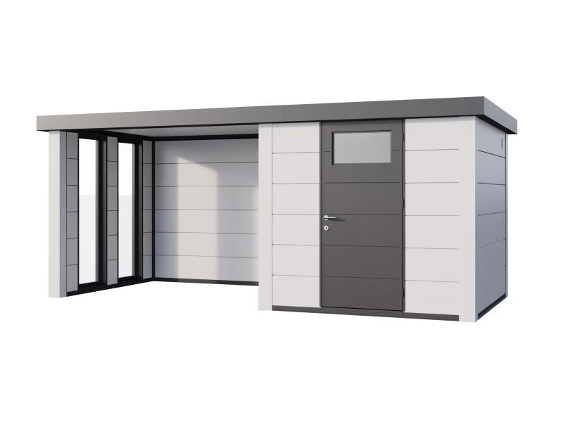Telluria Metall-Gerätehaus Classico 2424 Komplett Weiß mit Lounge links, inkl. 2 Fenster