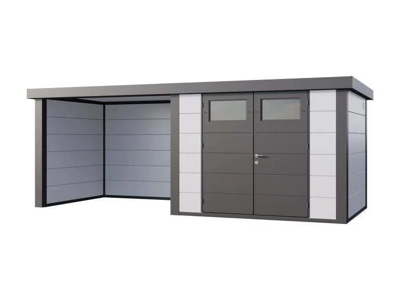 Telluria Metall-Gerätehaus Classico 3024 Weiß mit Lounge links