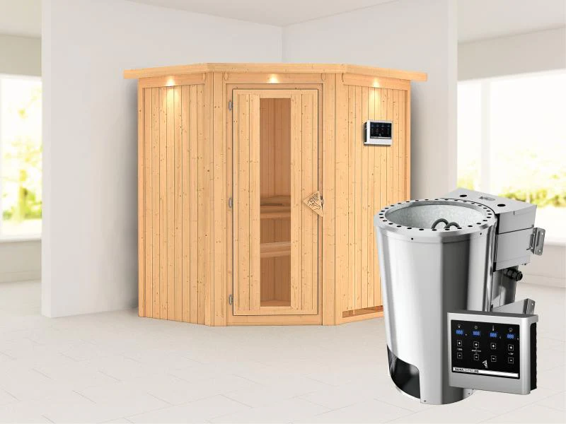 Tonja - Karibu Sauna Plug & Play 3,6 kW Bio Ofen, ext. Steuerung - mit Dachkranz - Energiespartür