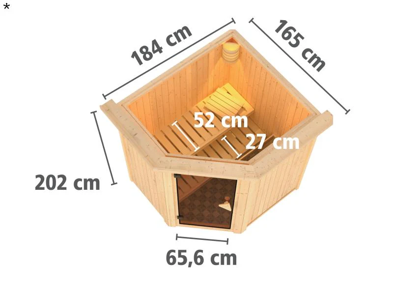 Tonja - Karibu Sauna Plug & Play 3,6 kW Ofen, ext. Steuerung - mit Dachkranz - Energiespartür - Image 3