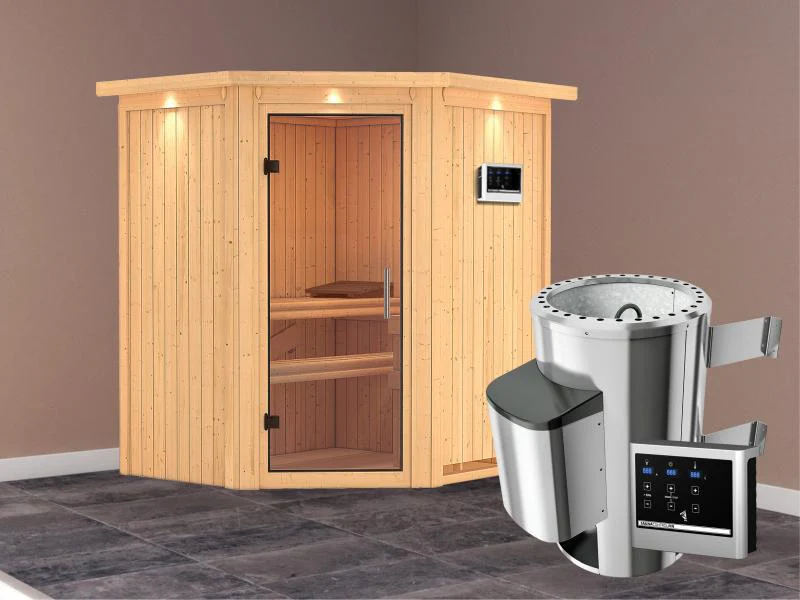 Tonja - Karibu Sauna Plug & Play 3,6 kW Ofen, ext. Steuerung - mit Dachkranz - Klarglas Ganzglastür - Image 2