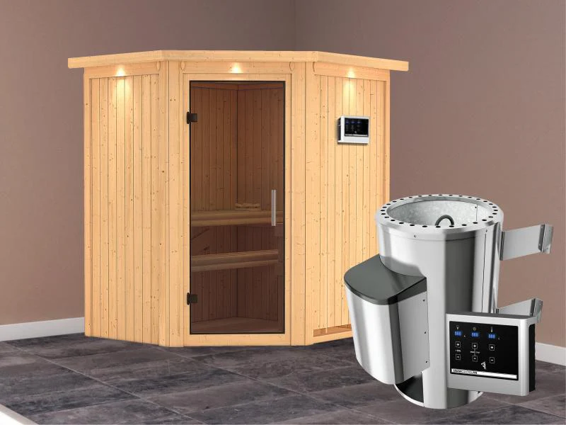 Tonja - Karibu Sauna Plug & Play 3,6 kW Ofen, ext. Steuerung - mit Dachkranz - Moderne Saunatür - Image 2