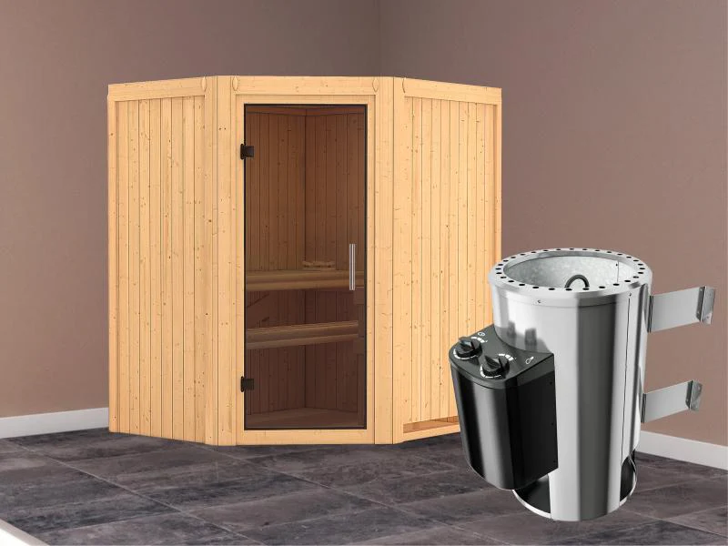 Tonja - Karibu Sauna Plug & Play 3,6 kW Ofen, int. Steuerung - ohne Dachkranz - Moderne Saunatür - Image 2