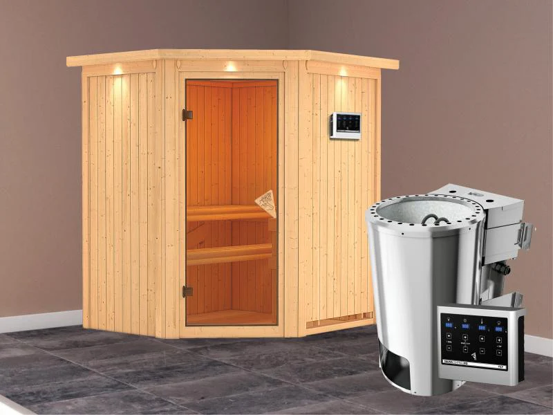 Tonja - Karibu Sauna Plug & Play inkl. 3,6 kW-Bioofen ext. Steuerung - mit Dachkranz - - Image 2