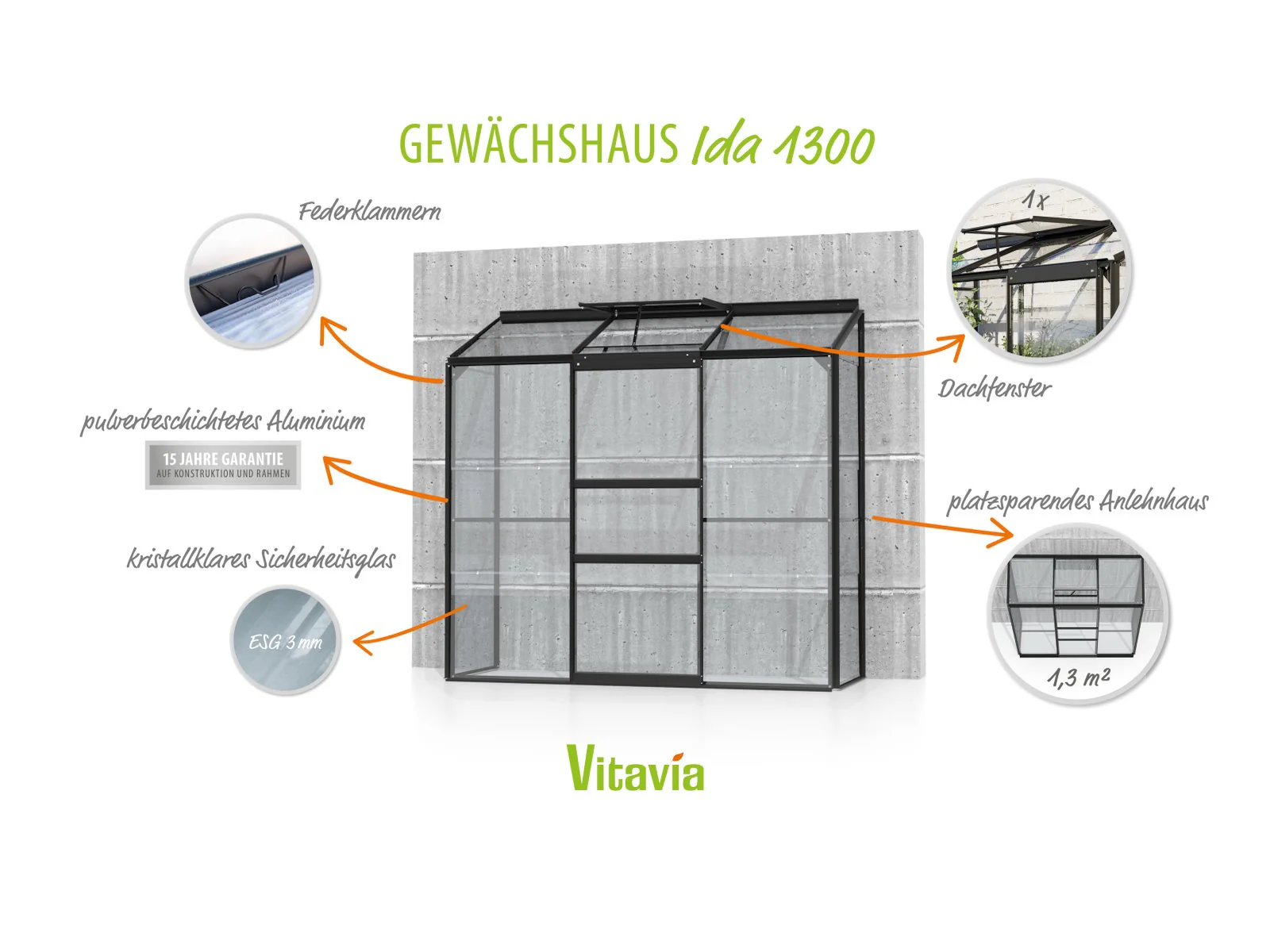 Vitavia Gewächshaus Ida 1300, 3mm ESG, Alu, Schwarz - Image 6