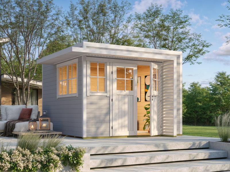 Weka Design-Gartenhaus Pure Garden Amberley 1/3, 28 mm, 300x300 cm, Grau/Weiß, Massivholz-Doppeltür