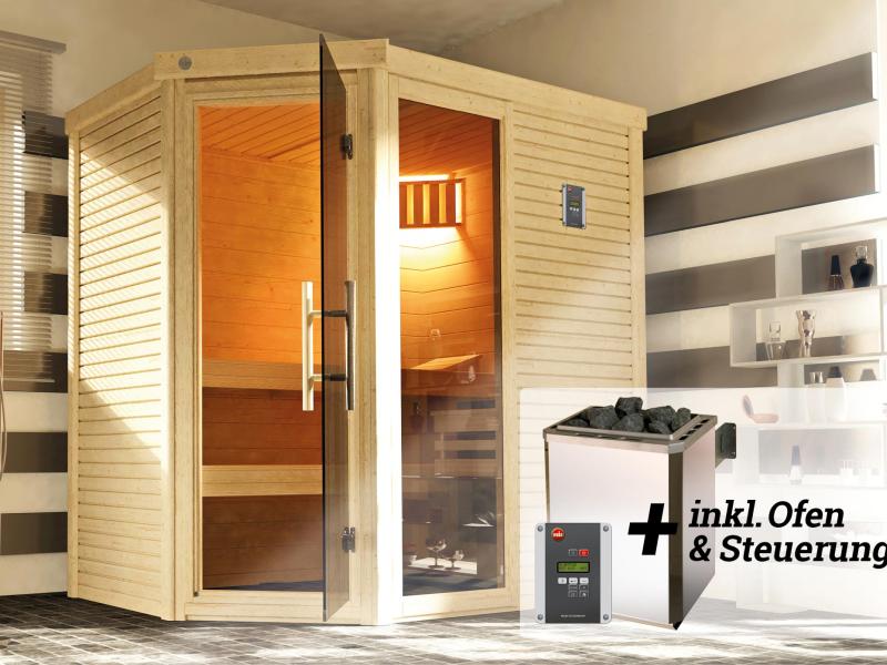 Weka Design-Sauna CUBILIS Gr. 1 Sparset 7,5 kW BioS inkl. digitaler Steuerung, Glastür, Fenster und