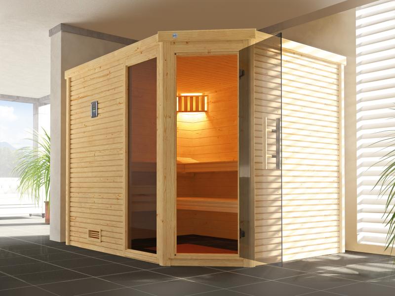 Weka Design-Sauna CUBILIS Gr. 3 Sparset mit 9 kW Ofen Kompakt integr. Steuerung, inkl. Leuchtenset,