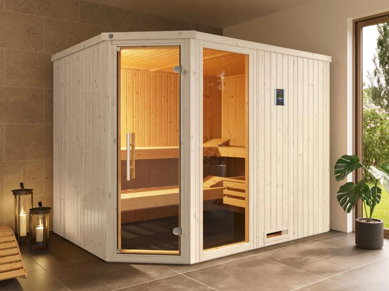 Weka Elementsauna Varberg 4 Trend, weiß, inkl. 9 kW Ofen Kompakt integr. Steuerung, Ganzglastür und