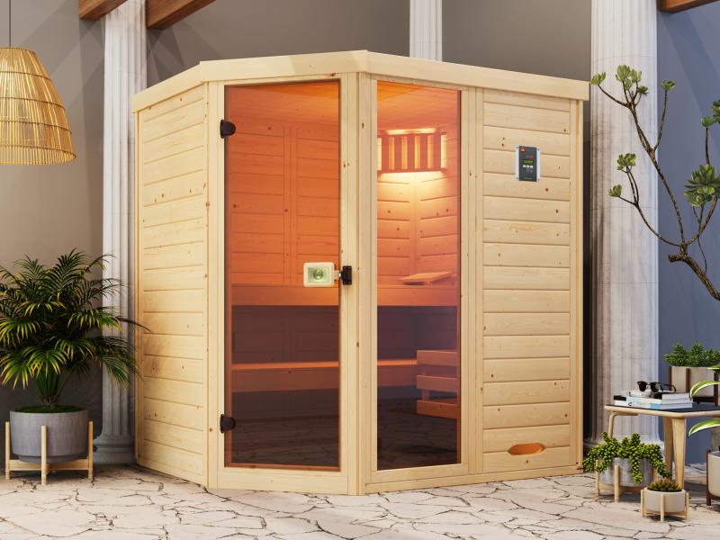 Weka Massivholz-Elementsauna Laukkala 2 GTF, inkl. 4,5 kW Ofen digitale Steuerung (OS), mit Saunaleu