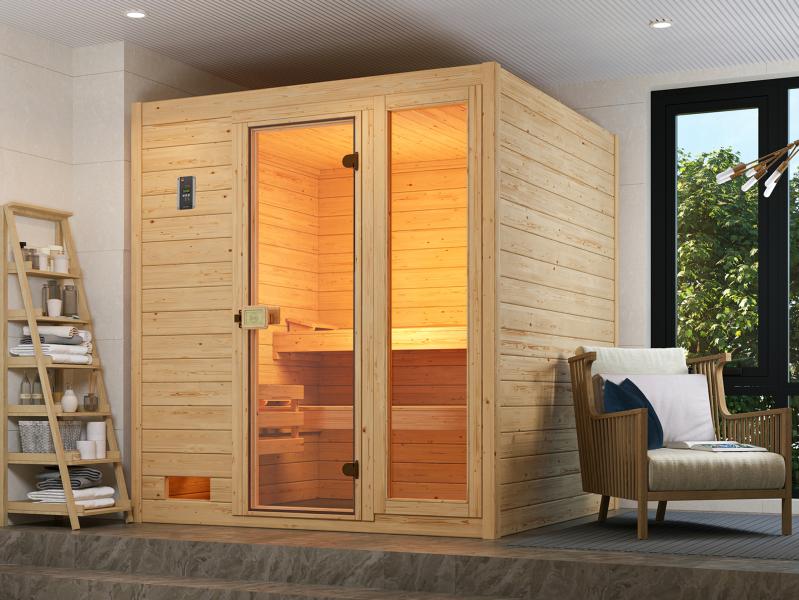 Weka Massivholzsauna Valida 3 GTF, inkl. 5,4 kW Ofen Kompakt integr. Steuerng, Ganzglastür und Fenst