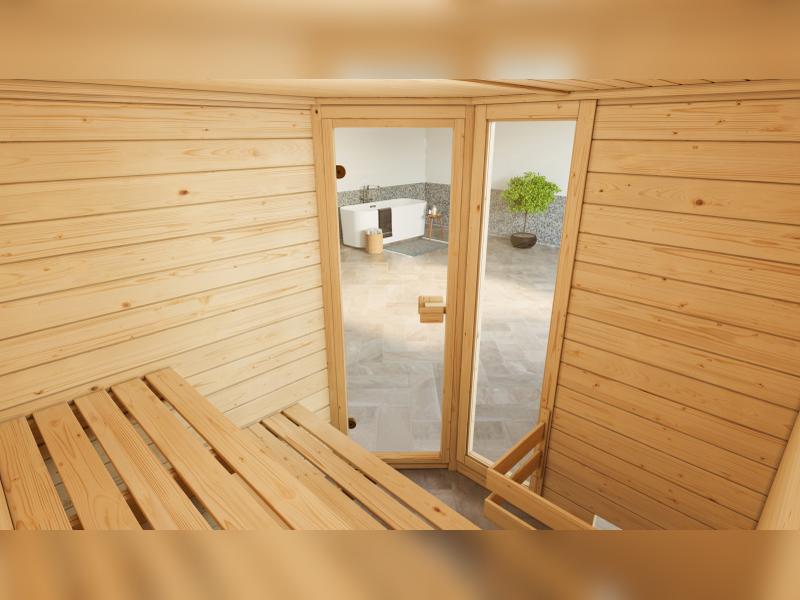 Weka Massivholzsauna Valida Eck 1,8 GTF, inkl. 5,4 kW Ofen Kompakt integr. Steuerung, mit Ganzglastü - Image 10