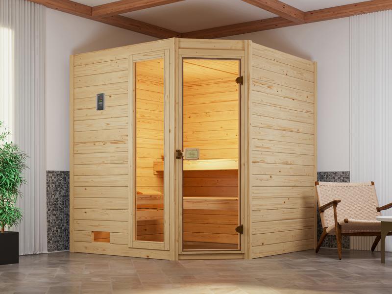 Weka Massivholzsauna Valida Eck 2 GTF, inkl. 9 kW Ofen Kompakt integr. Steuerung, Ganzglastür und Fe
