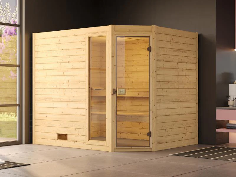Weka Massivholzsauna Valida Eck 3 GTF, inkl. 7,5 kW Bioofen mit digitaler Steuerung (BioS), Ganzglas