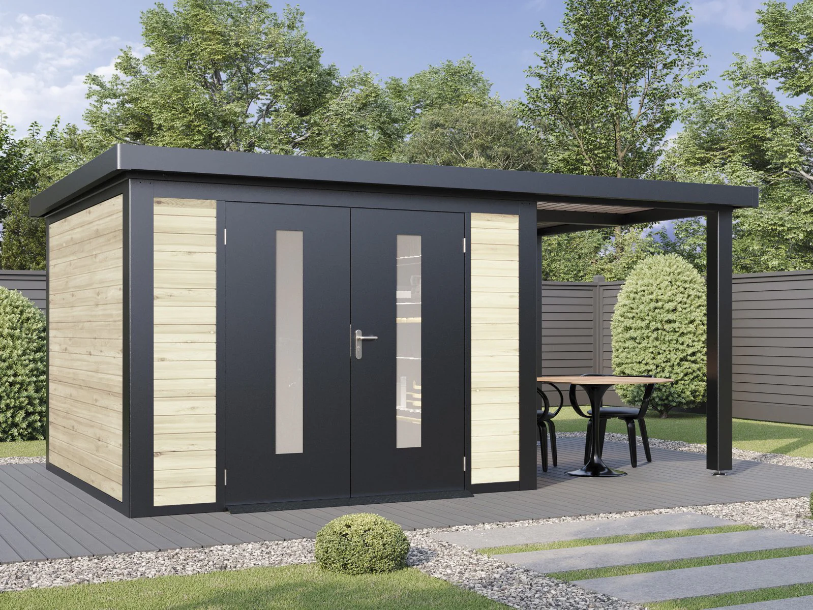 Wolff Finnhaus Hybrid-Gartenhaus Alvar 5324, 28 mm, inkl. Anbaudach, Naturbelassen