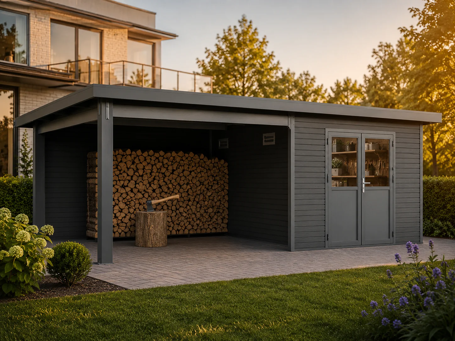 Linholm WPC Gartenhaus Linia 5628 mit Anbaudach und Rückwand, inkl. Dachrinnen-Set, Anthrazit