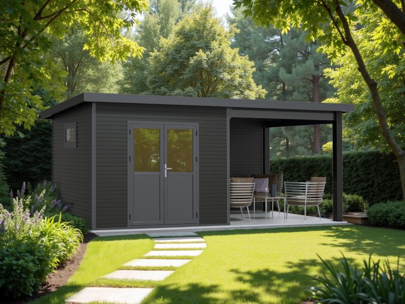 Linholm WPC Gartenhaus Linia 5628 mit Anbaudach und Rückwand, inkl. Dachrinnen-Set, Anthrazit - Image 9