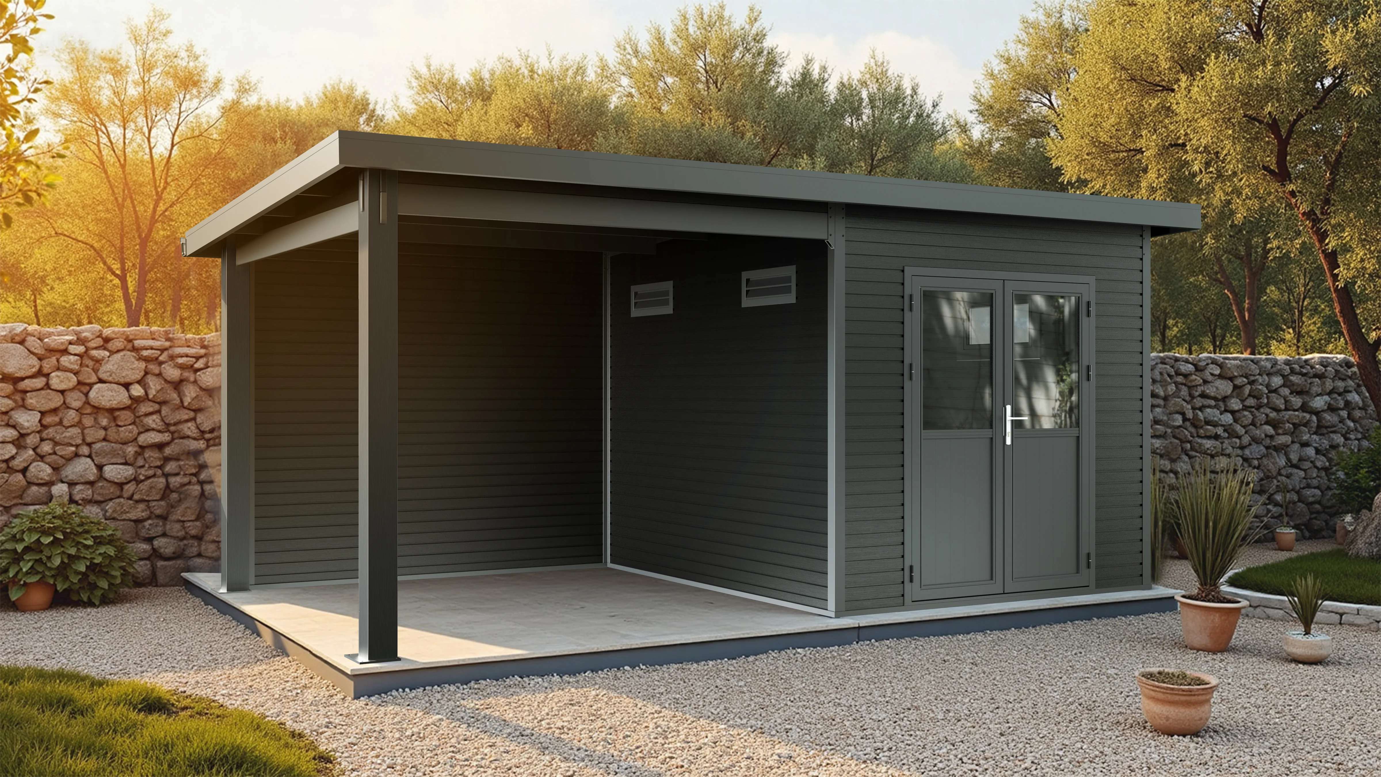 Linholm WPC Gartenhaus Linia 5228 mit Anbaudach und Rückwand, inkl. Dachrinnen-Set, Anthrazit - Image 6